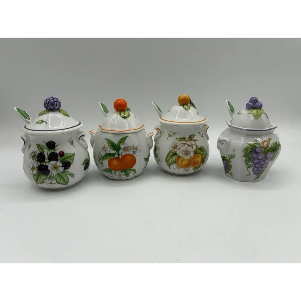 Vintage 1991 Lenox Orchard Porcelain Jam/Jelly Jars - Set of 8 with 8 spoons